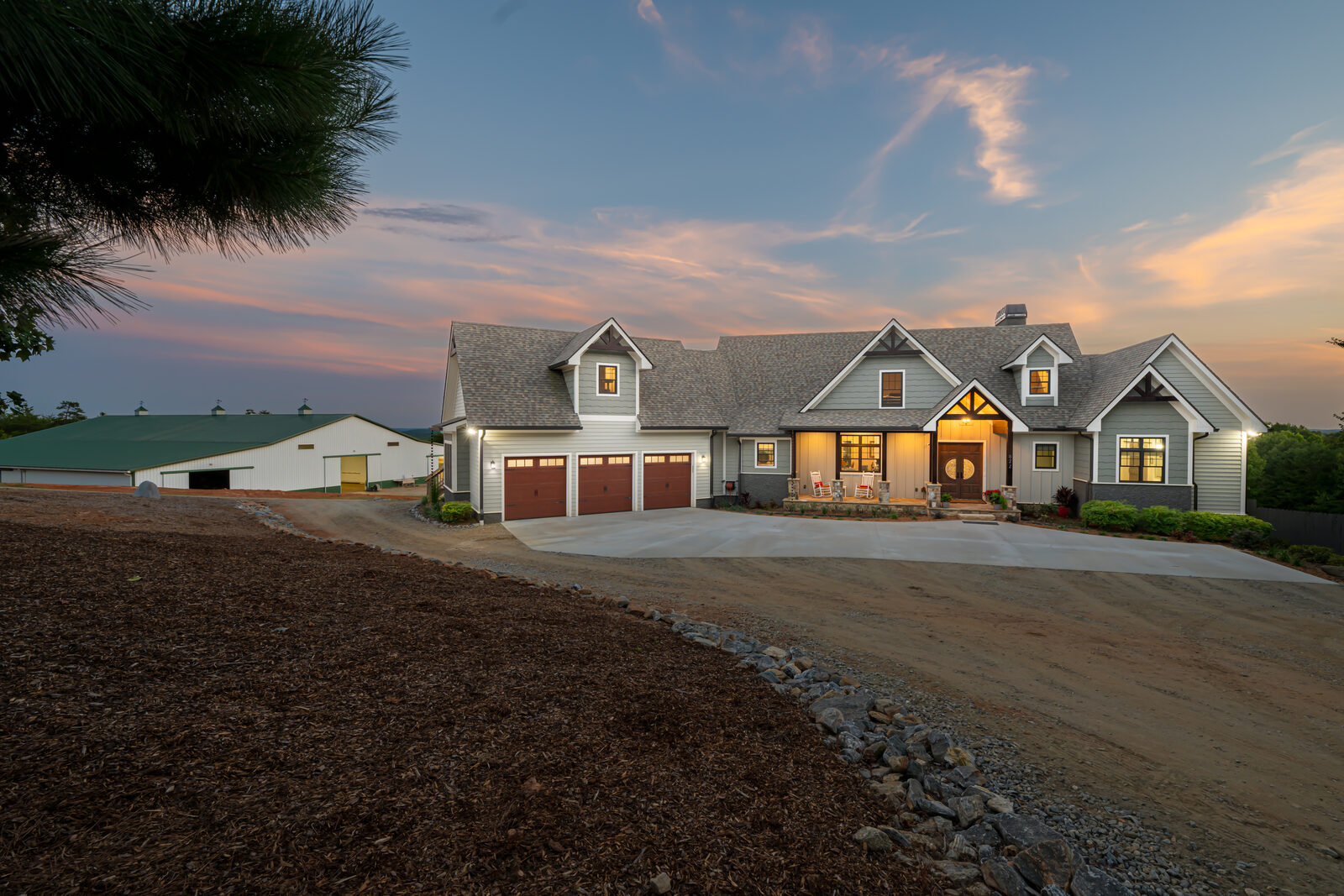 The Lodge front twilight view at sunset