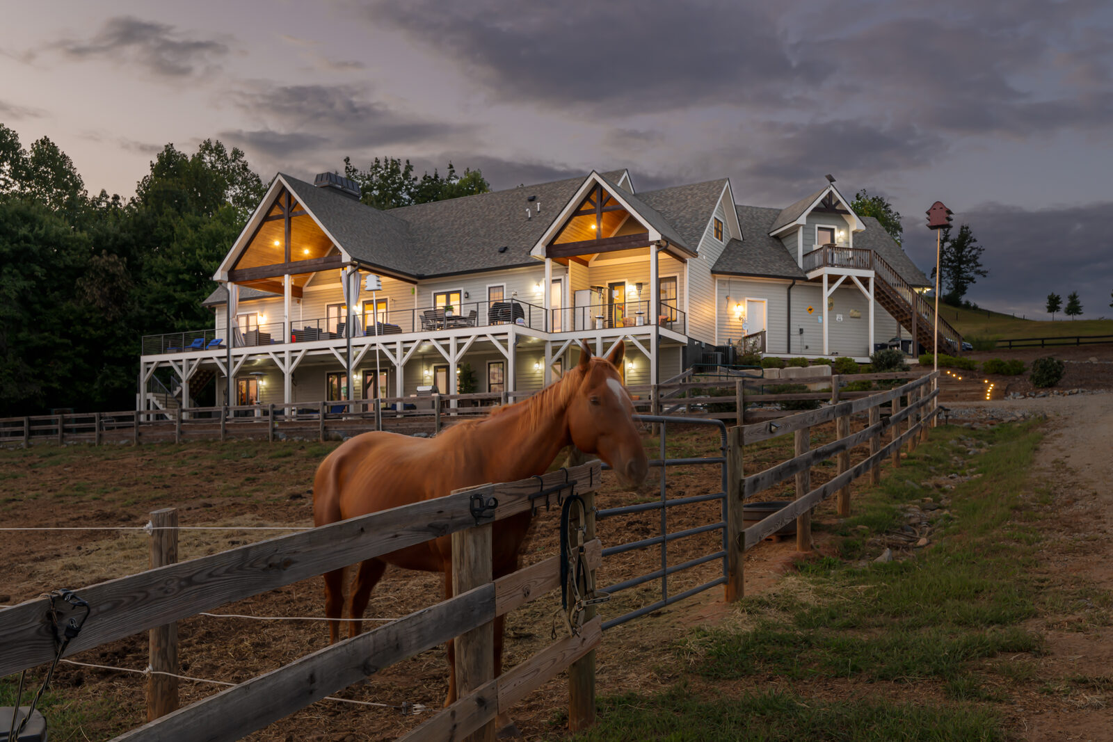 The Lodge rear twilight view with horse